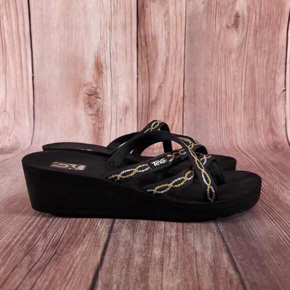 Teva Womens Size 6 Mush Mandalyn Ola 2 Black Gold Silver Wedge Sandals - Picture 3 of 14